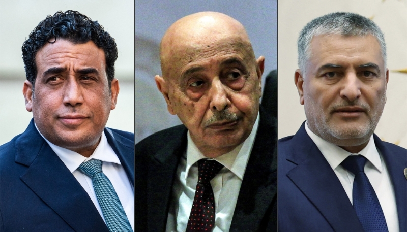 Le président du Conseil présidentiel, Mohamed al-Menfi, celui de la Chambre des représentants de Tobrouk, Aguila Salah Issa et celui du Haut Conseil d'État, Mohamed Takala. 