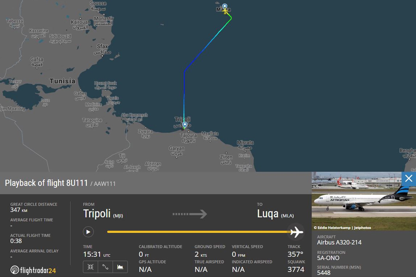 Fayez Sarraj a requis les services d'un Airbus A320 de la compagnie nationale, immatriculé 5A-ONO.