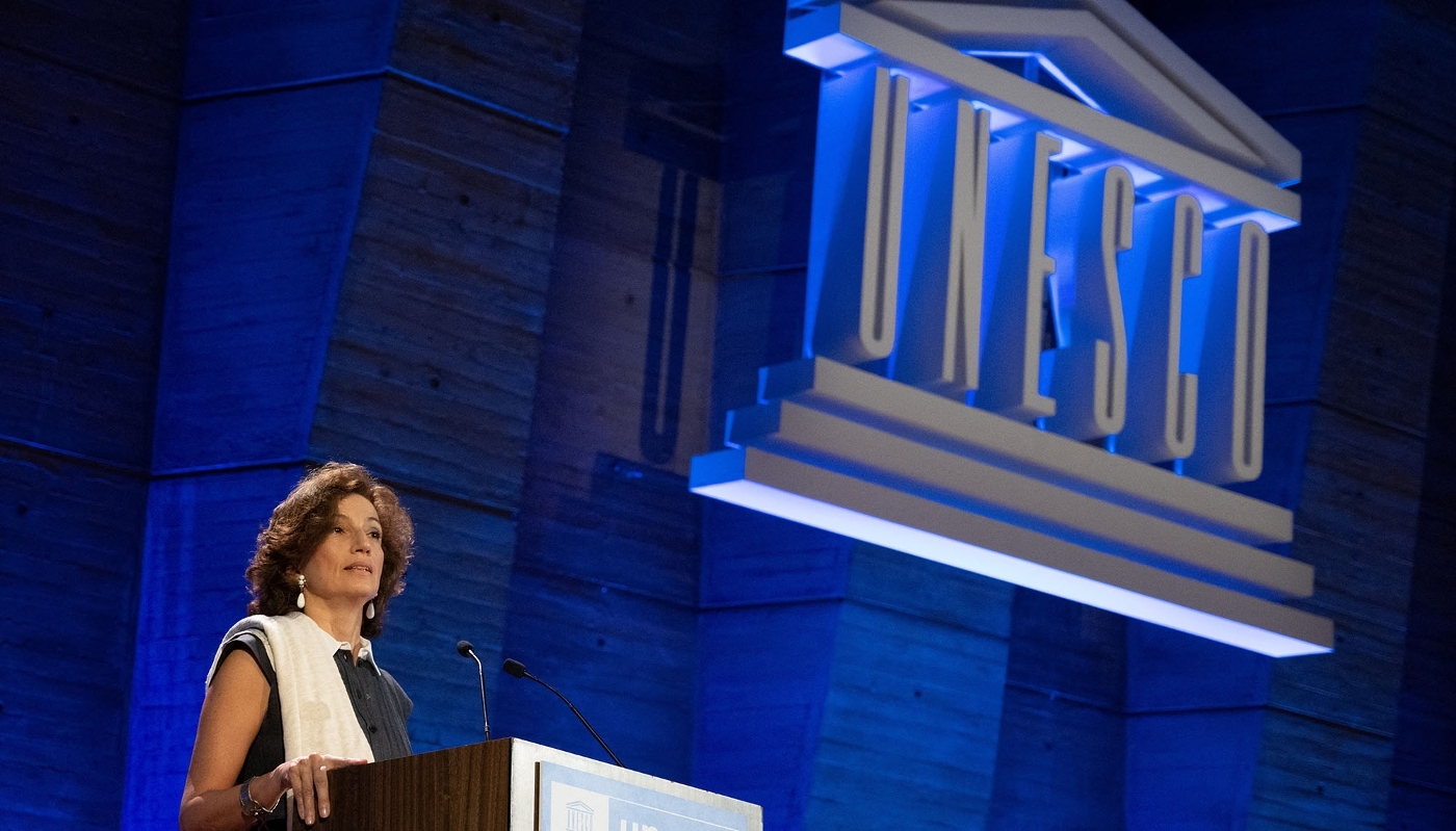 La présidente de l'Unesco Audrey Azoulay annonce la demande de retour des États-Unis au sein de l'institution, Paris, 12 juin 2023.
