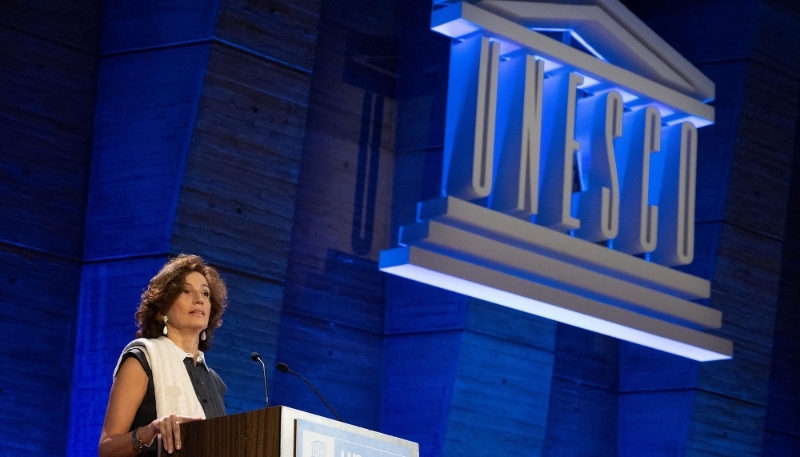 La présidente de l'Unesco Audrey Azoulay annonce la demande de retour des États-Unis au sein de l'institution, Paris, 12 juin 2023.