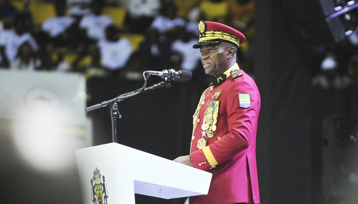Le général Brice Clotaire Oligui Nguema à l'ouverture du Dialogue national au Gabon, au stade de Libreville, le 2 avril 2024.