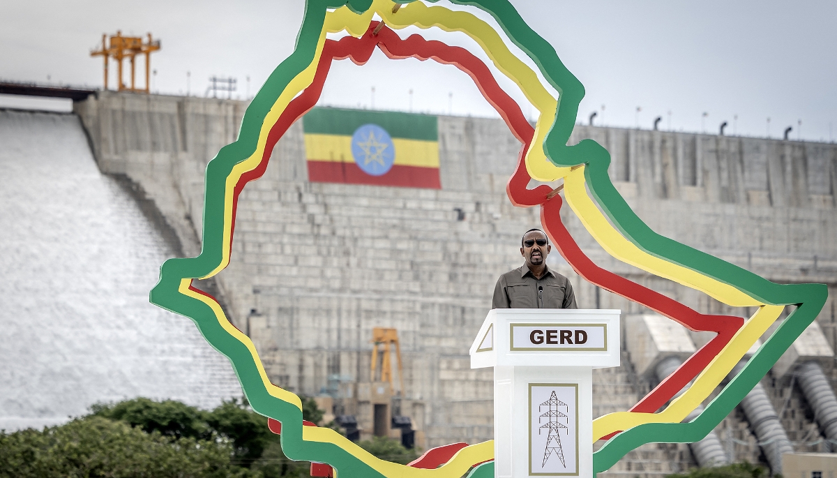 Le premier ministre éthiopien Abiy Ahmed lors de la cérémonie officielle d'inauguration du barrage de la Renaissance (Gerd), à Guba, en Éthiopie, le 9 septembre 2025.