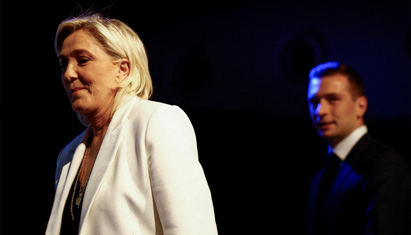 Jordan Bardella, président du Rassemblement national, avec Marine Le Pen, à Paris, le 9 juin 2024.