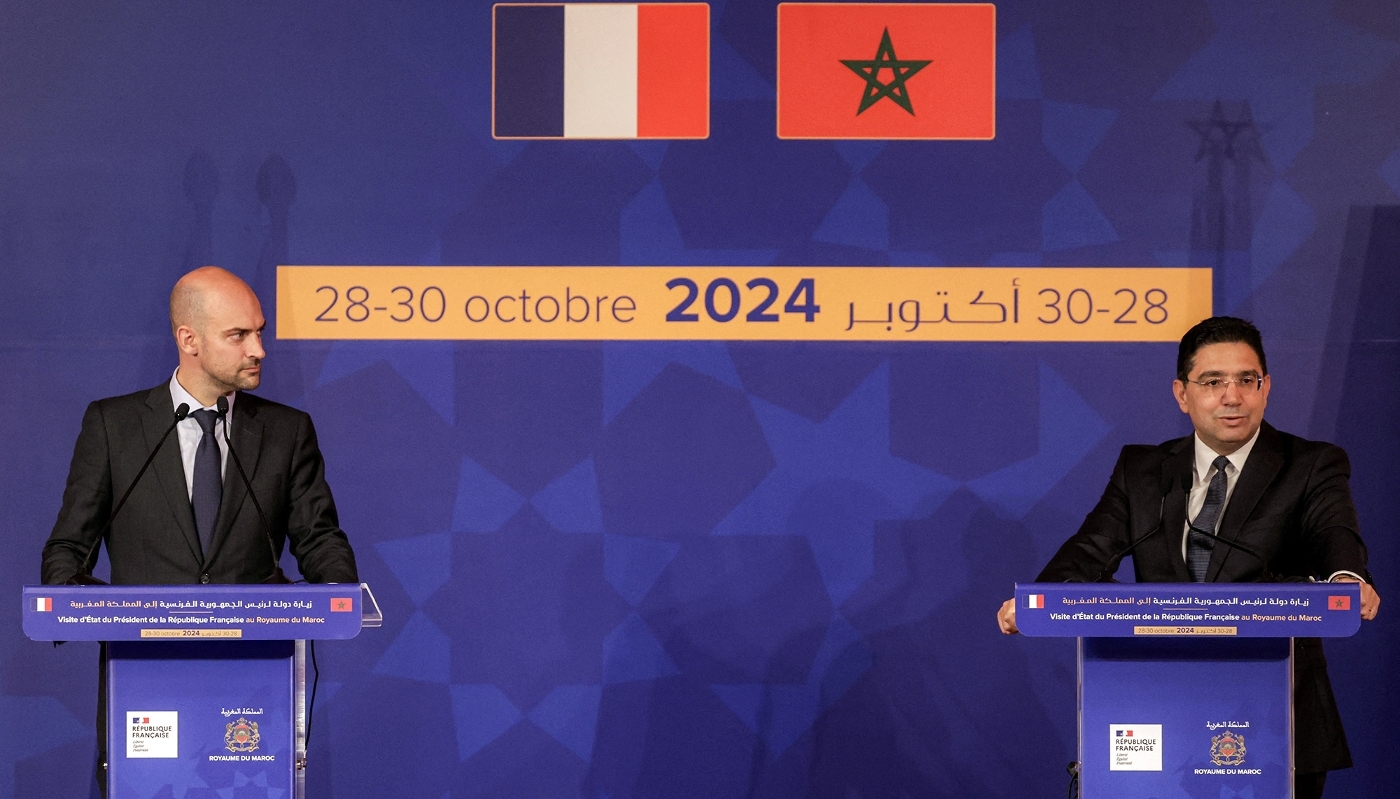 Le ministre marocain des affaires étrangères, Nasser Bourita, et son homologue français, Jean-Noël Barrot, à Rabat, le 29 octobre 2024.