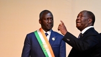 Adama Bictogo (à g.), alors président de l'Assemblée nationale ivoirienne, et le président de Côte d'Ivoire Alassane Ouattara, à Abidjan, le 25 avril 2023.