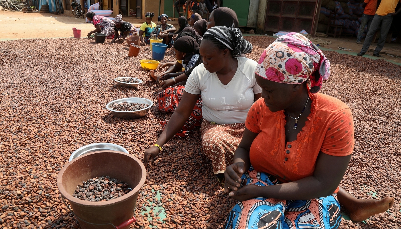 Tri des fèves de cacao à Soubré, dans le sud-ouest de la Côte d'Ivoire, en janvier 2021.