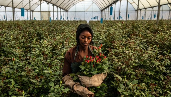 Une femme cueille des roses à l'intérieur d'une serre en février 2019 à Naivasha, au Kenya, principal fournisseur de roses en direction de l'Union européenne.