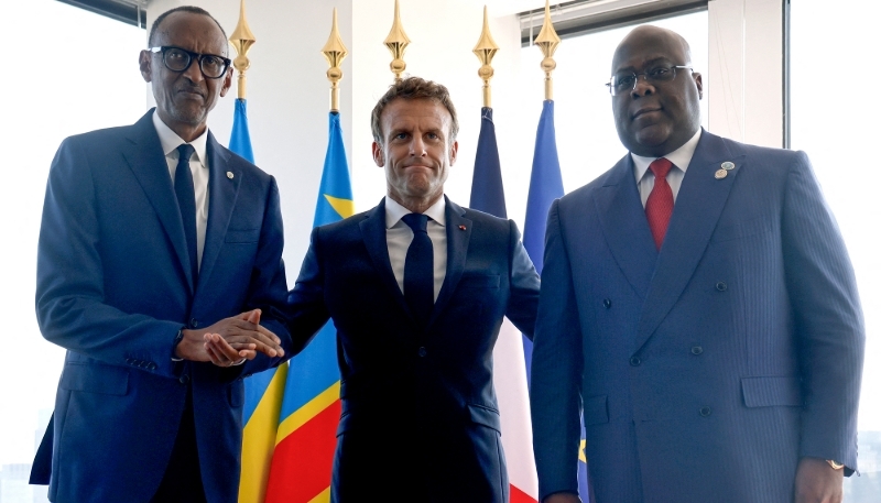De gauche à droite : le président rwandais Paul Kagame et ses homologues français, Emmanuel Macron, et congolais, Félix Tshisekedi, à New York (États-Unis), le 21 septembre 2022.