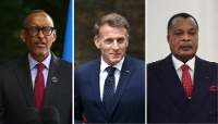 Le président rwandais Paul Kagame et ses homologues français et congolais Emmanuel Macron et Denis Sassou-Nguesso.