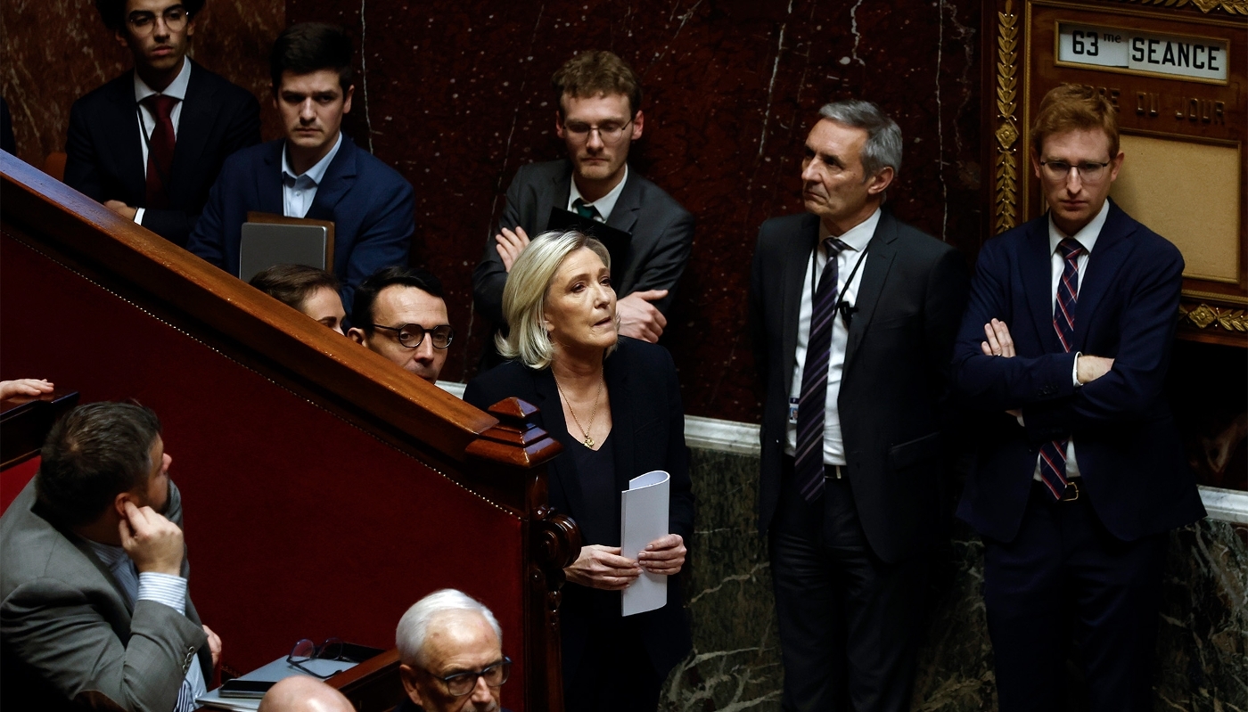 La présidente du groupe parlementaire du Rassemblement national (RN), Marine Le Pen, à l'Assemblée nationale, à Paris, le 4 décembre 2024.