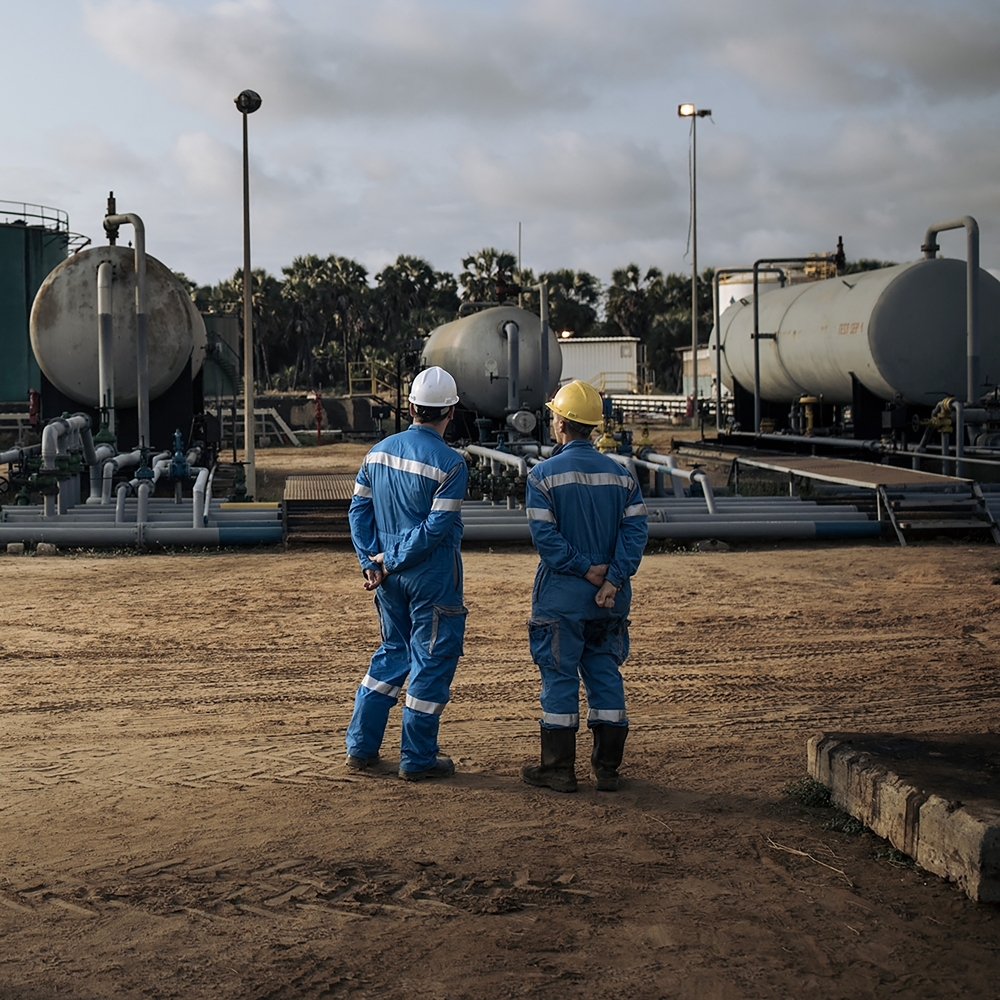 Des responsables et techniciens de la société pétrolière Perenco près de Muanda, en RDC, le 19 octobre 2021.