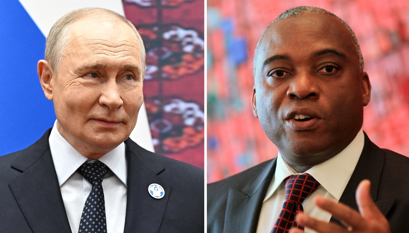 Le président russe, Vladimir Poutine, et  Ahoua Don Mello, ancien ministre ivoirien de l’équipement sous la présidence de Laurent Gbagbo.