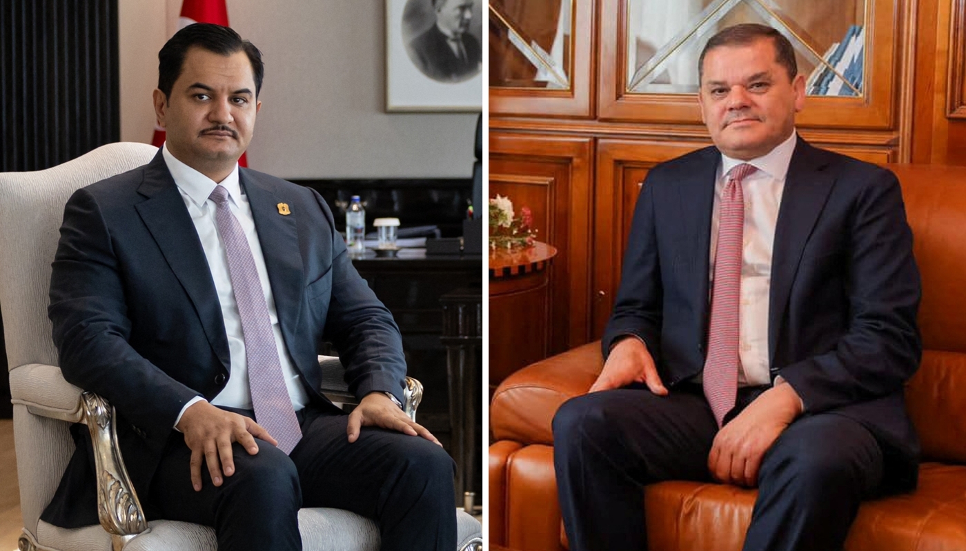 À gauche : le vice-commandant de l'Armée nationale libyenne, Saddam Haftar ; à droite : le premier ministre du Gouvernement d'union nationale, Adbelhamid Dabaiba.