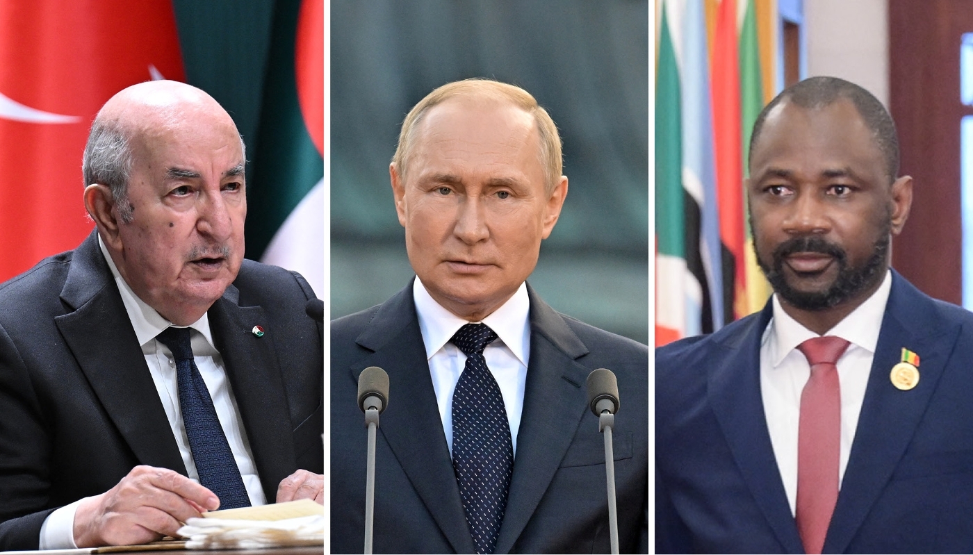 Le président algérien, Abdelmadjid Tebboune, et ses homologues Vladimir Poutine (Russie) et Assimi Goïta (Mali).