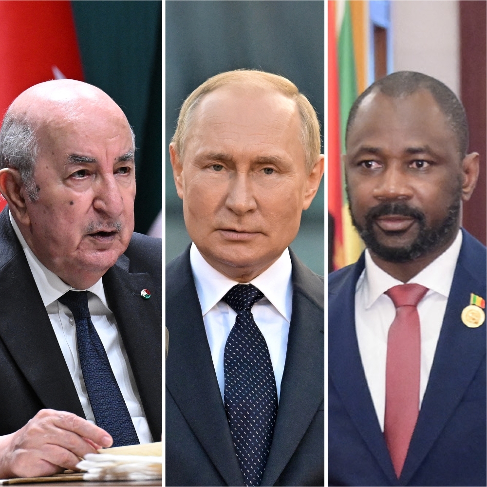 Le président algérien, Abdelmadjid Tebboune, et ses homologues Vladimir Poutine (Russie) et Assimi Goïta (Mali).