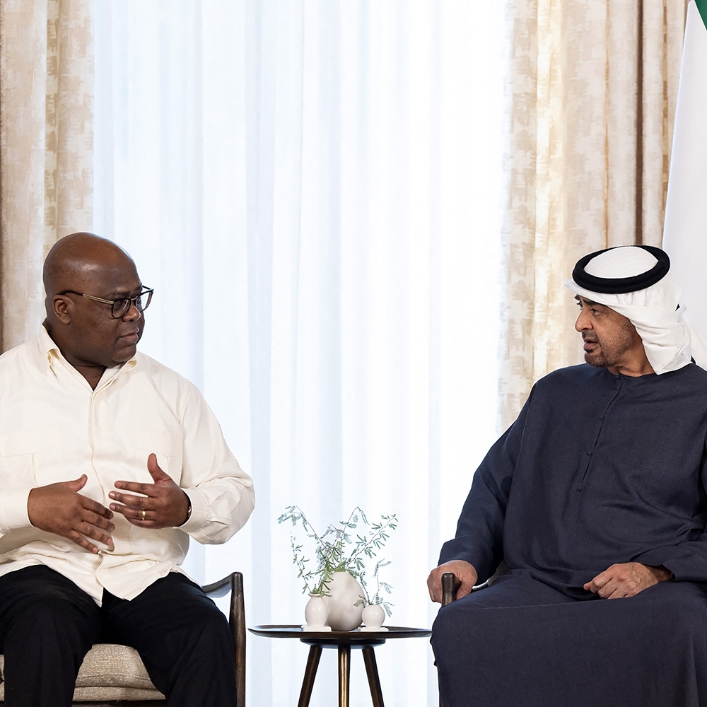 Le président de la République démocratique du Congo, Félix Tshisekedi, et le chef de l'État émirien,  Mohamed bin Zayed Al Nahyan, à Abu Dhabi, le 6 septembre 2024.