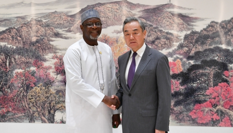 Le ministre des affaires étrangères nigérien, Bakary Yaou Sangaré, et son homologue chinois, Wang Yi, à Changsha, dans le centre de la Chine, le 11 juin 2025.