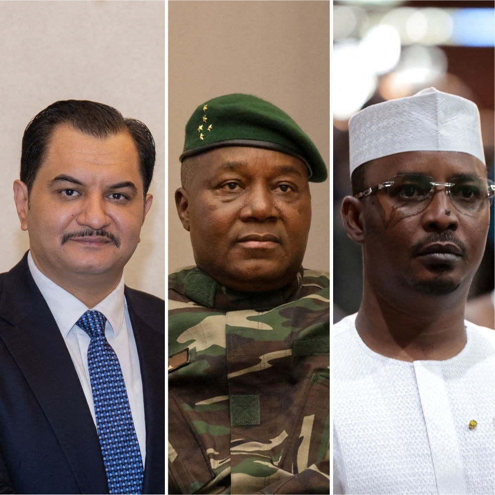 Le général libyen Saddam Haftar, le chef de la junte nigérienne Abdourahamane Tiani et le président tchadien Mahamat Idriss Déby.