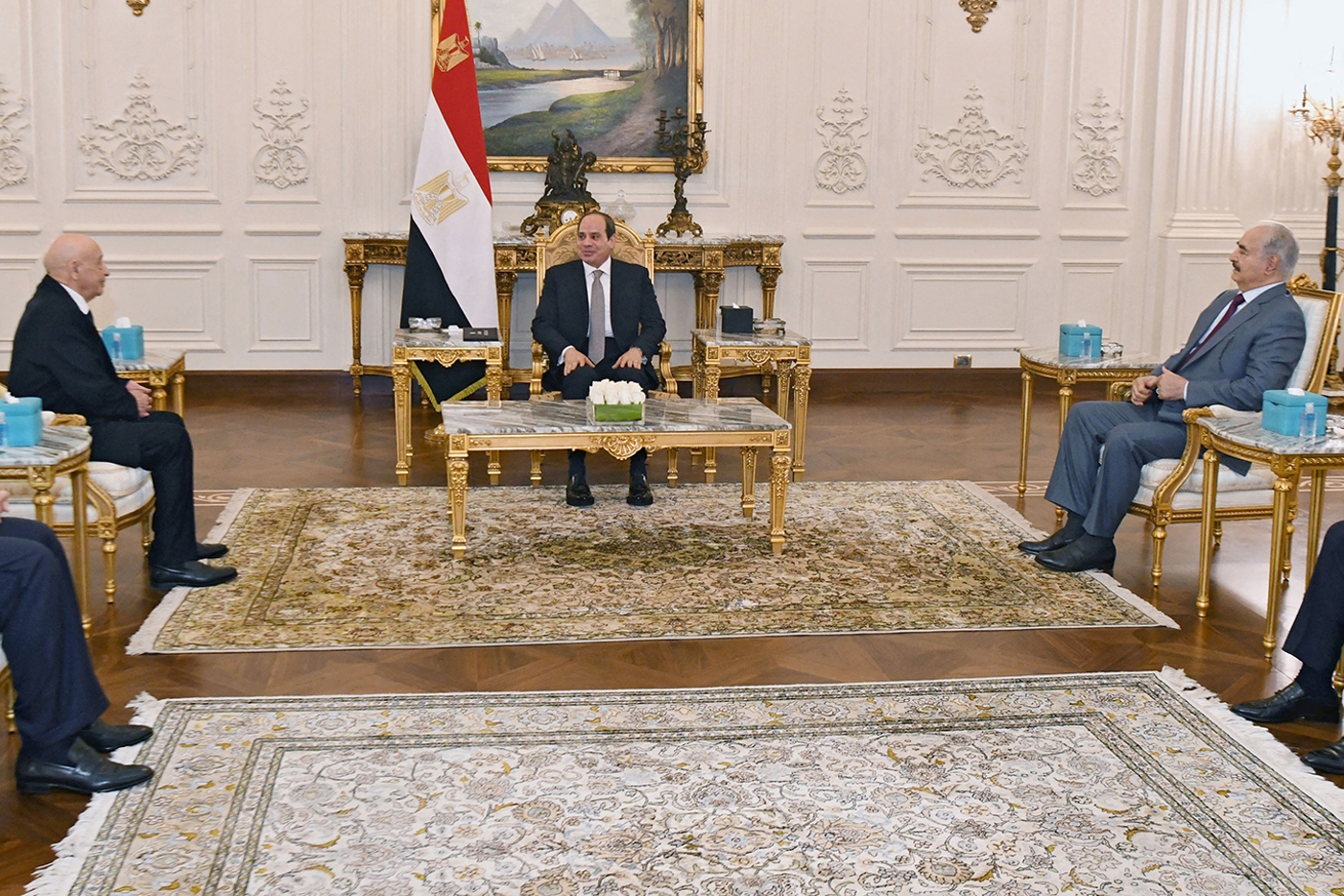 Aguila Salah Issa, Abdelfattah al-Sissi et Khalifa Haftar (de gauche à droite), se sont entrevus le 14 septembre, au Caire.