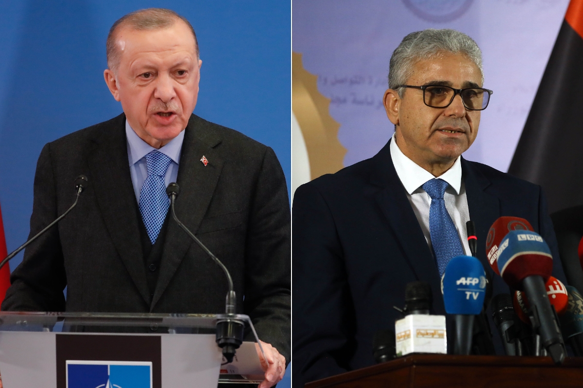 Le président turc Recep Tayyip Erdogan et le premier ministre libyen désigné Fathi Bachagha.