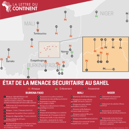 Carte des principales attaques terroristes au Sahel ces dernières années.