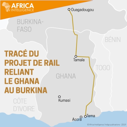 Carte représentant le tracé du projet de rail reliant le Ghana au Burkina Faso.