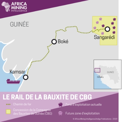 Carte des grands axes miniers de la Compagnie des Bauxites de Guinée.