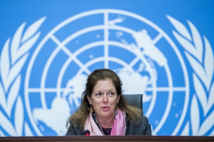 Stephanie Williams, conseillère spéciale des Nations unies pour la Libye, le 5 février 2021 lors d'une conférence de presse au siège des Nations unies à Genève.