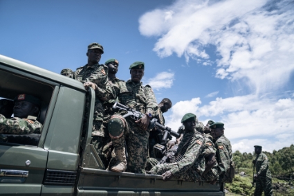 Soldats ougandais déployés en RDC dans le cadre de la force militaire régionale de l'East African Community, le 19 avril 2023.