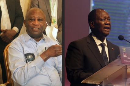 L'ancien président ivoirien Laurent Gbagbo (à gauche) et l'actuel chef d'Etat Alassane Ouattara (à droite).