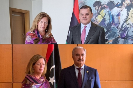 L'envoyée spéciale en Libye du secrétaire général des Nations unies, Stephanie Williams, en compagnie des candidats à la présidentielle Abdelhamid Dabaiba (en haut) et de Khalifa Haftar (en bas).