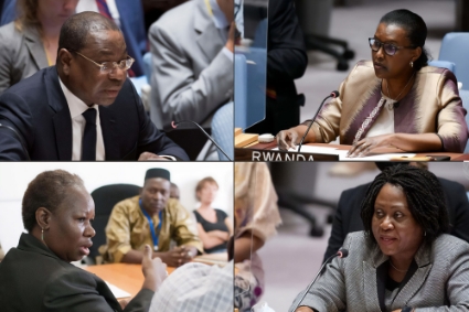 Partie haute de la photo : le Sénégalais Mankeur Ndiaye, remplacé par la diplomate rwandaise Valentine Rugwabiza à la tête de la Minusca. Partie basse : la Guinéenne Bintou Keita (à gauche), à qui a succédé la Ghanéenne Martha Ama Akyaa Pobee au poste de sous-secrétaire général pour l'Afrique au DOP.