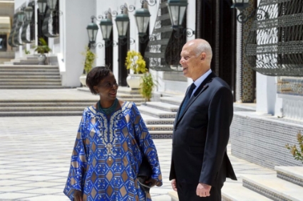 La secrétaire générale de l'OIF, Louise Mushikiwabo, en compagnie du président tunisien Kaïs Saïed, en juin 2021.