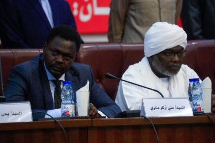 Minni Minnawi (à gauche), leader du Sudan Liberation Movement-MM, et Gibril Ibrahim, patron du Justice and Equality Movement, le 2 octobre 2021, à Khartoum.