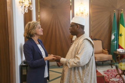 La présidente du conseil régional d'Ile-de-France Valérie Pécresse et le président sénégalais Macky Sall, à Dakar en 2019.