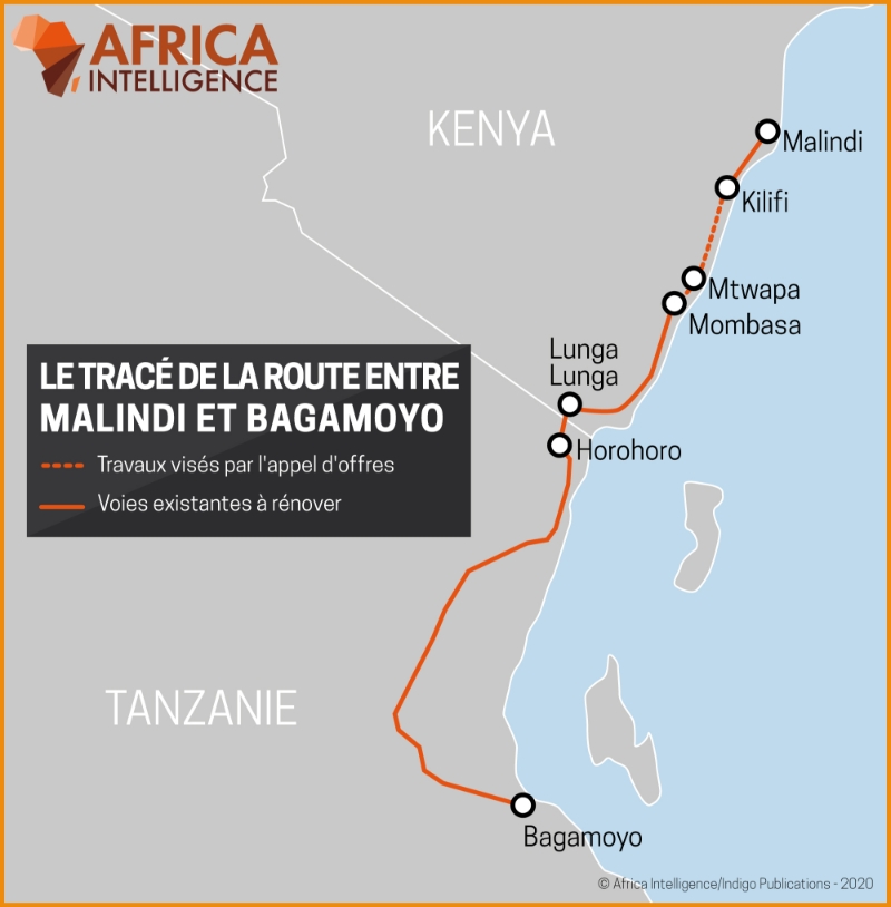 Le tracé de la route entre Malindi et Bagamoyo.