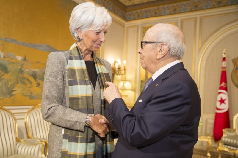 Christine Lagarde, directrice du FMI, avec le président tunisien, Béji Caïd Essebsi, à Tunis.