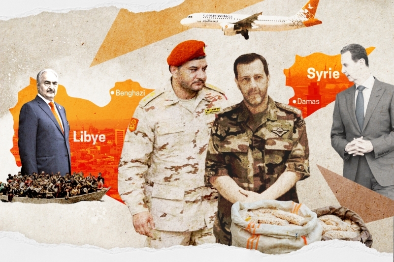 Au premier plan, Saddam Haftar et Maher al-Assad. Derrière eux, Khalifa Haftar et Bachar al-Assad.