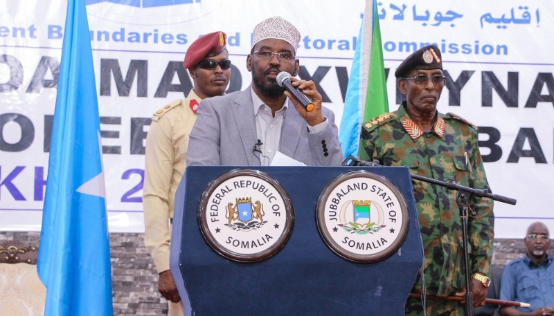 Ahmed Mohamed Islam plus connu sous le nom de Madobe s'exprime après sa réélection à la présidence du Jubaland, à Kismayo, le 22 août 2019.