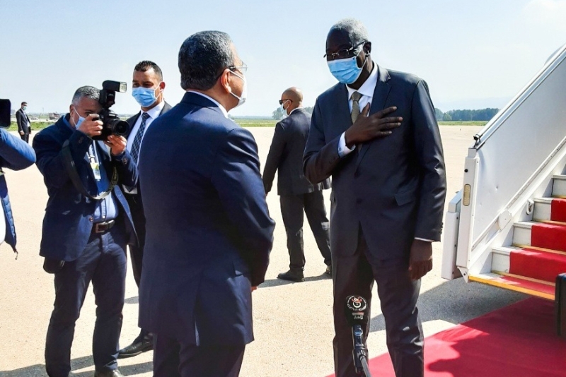 Bah N'Daw accueilli par le premier ministre algérien Abdelaziz Djerad, le 13 mars.