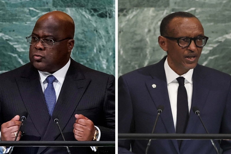 A gauche le président de la RDC Félix Tshisekedi, à droite le président du Rwanda Paul Kagame
