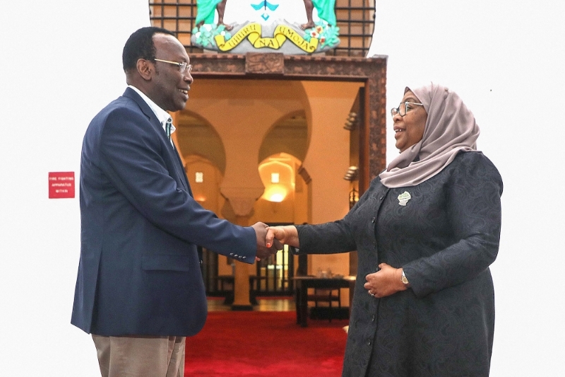 Samia Suluhu Hassan serre la main du président du parti d'opposition Chadema, Freeman Mbowe, en mars 2022.