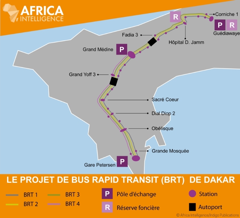 Plan des futures lignes de bus rapides dans l'agglomération de Dakar.