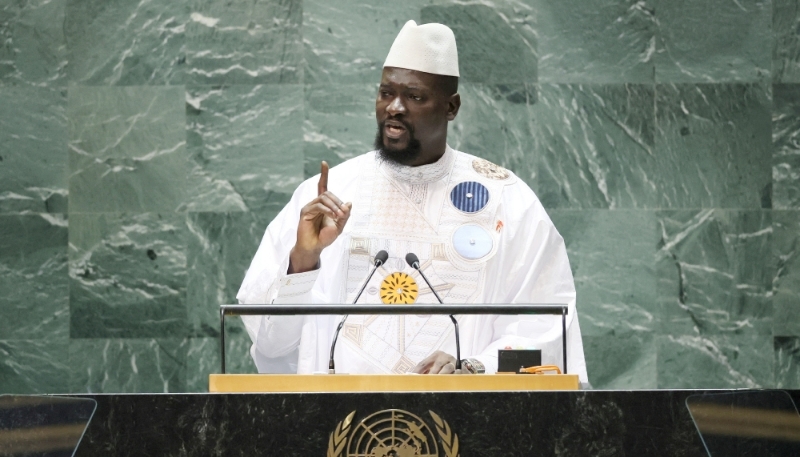 Le président guinéen, Mamadi Doumbouya, devant l'Assemblée générale des Nations unies, le 21 septembre 2023, à New York.
