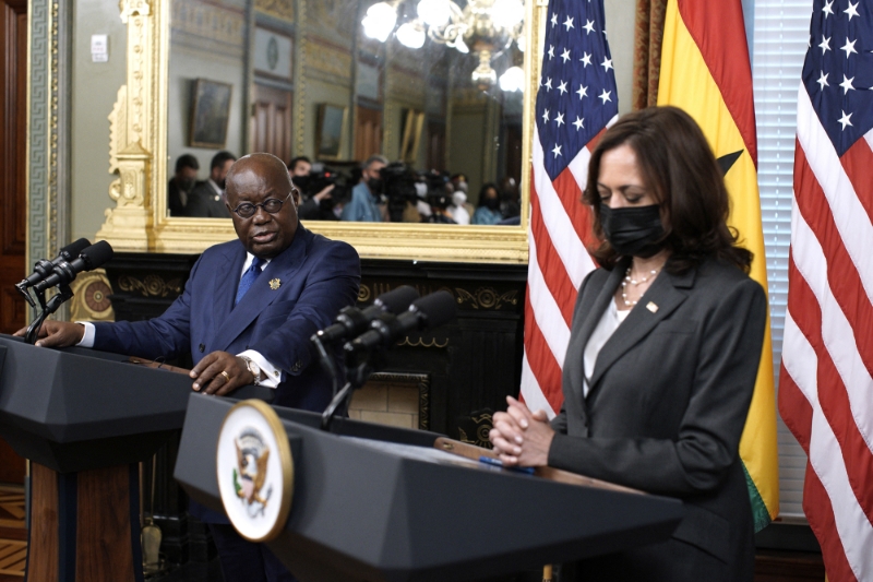La vice-présidente américaine Kamala Harris et le président du Ghana Nana Akufo-Addo à la Maison Blanche, le 23 septembre 2021.