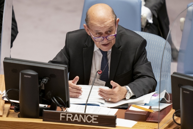 Le ministre français des affaires étrangères Jean-Yves Le Drian, lors de l'assemblée générale des Nations unies, le 23 septembre 2021.