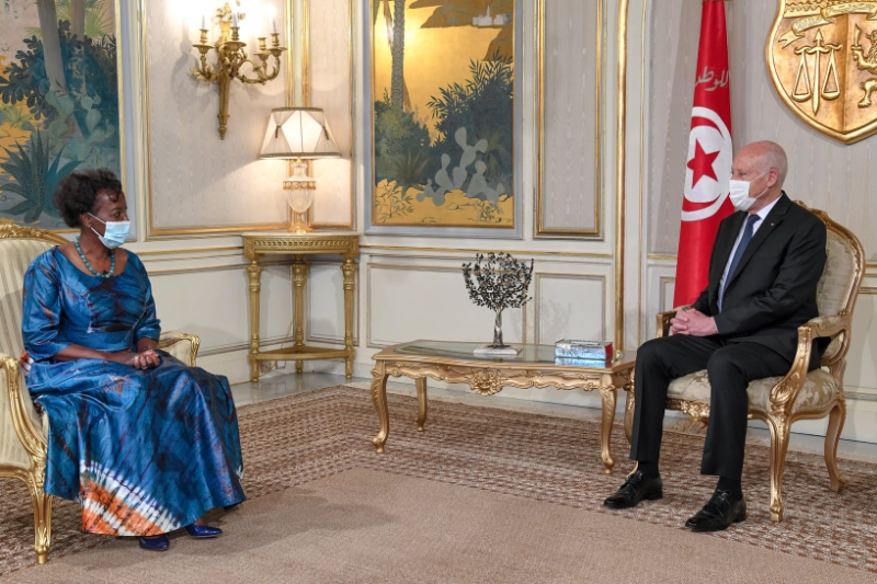 La secrétaire générale de l'Organisation internationale de la francophonie (OIF), Louise Mushikiwabo et le président Kaïs Saïed, le 9 octobre dernier.