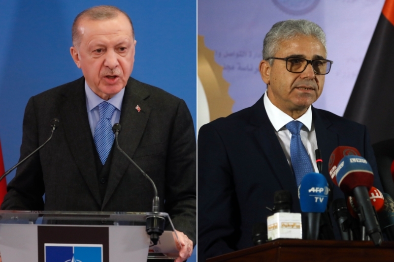 Le président turc Recep Tayyip Erdogan et le premier ministre libyen désigné Fathi Bachagha.