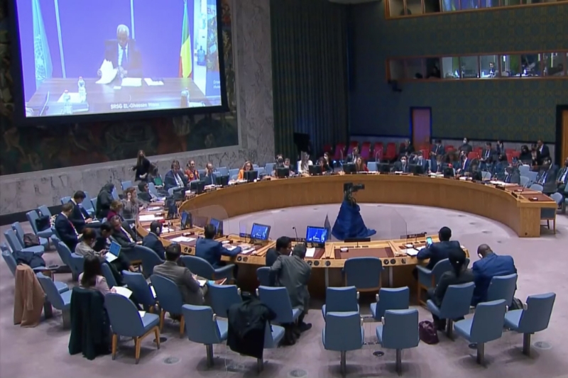 Une réunion du Conseil de sécurité de l'ONU, le 7 avril 2022, évoquant le massacre de Moura, au Mali.